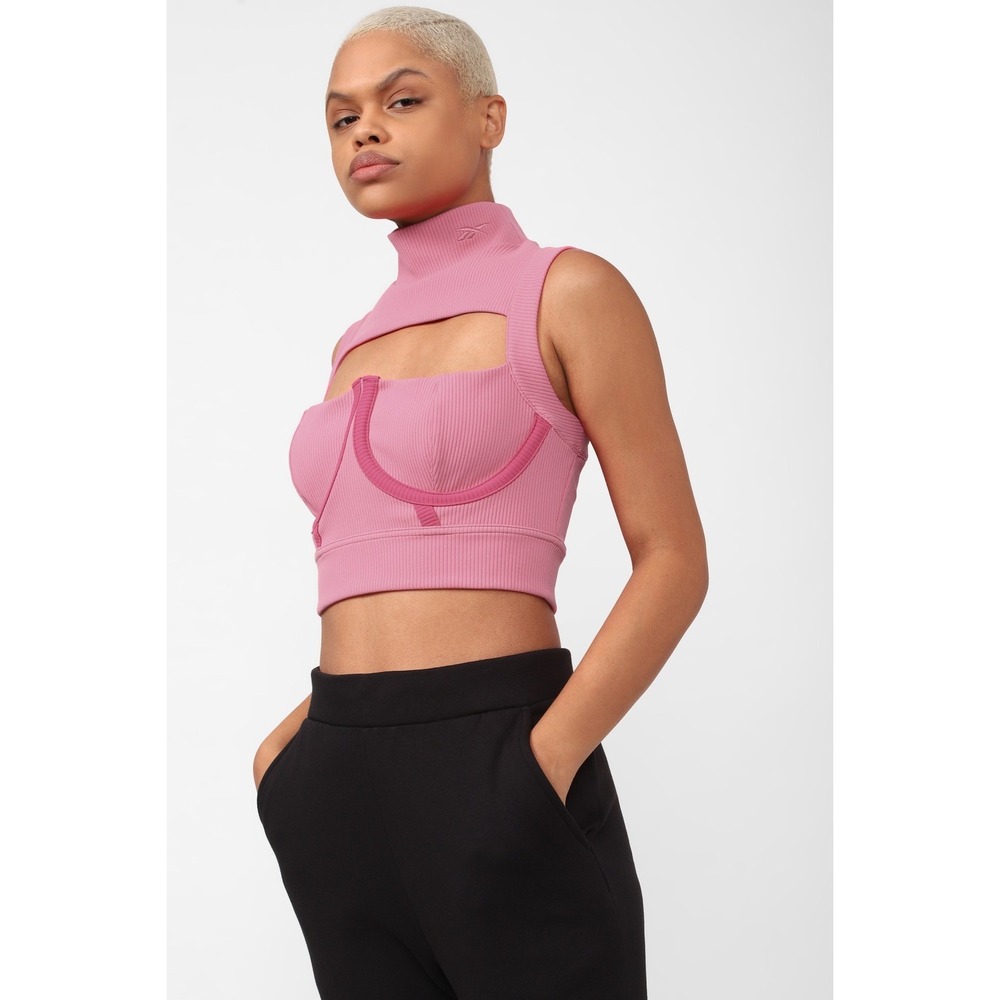 Reebok‎ Cardi B Ribbed Crop Top Pink Cutout Mock Neck Sleeveless Large